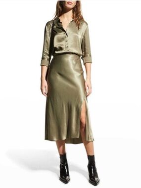 RAILS Maya Satin Slip Skirt in Olive Green Midi, Size XS